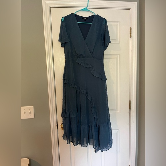 Lulu's Blue Asymmetrical Ruffled Wrap Dress - Picture 1 of 13